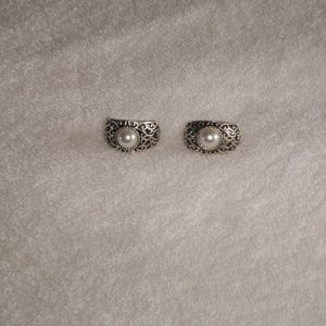 Clip on earrings silver black enamel pearls hoops